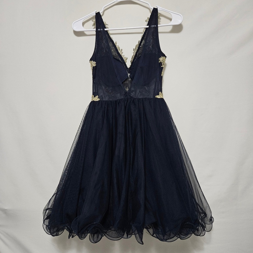 Blondie Nites Whimsigoth Fairy Prom Dress Gold Filigree Navy Tulle Gothic Glam 1 - Picture 2 of 12